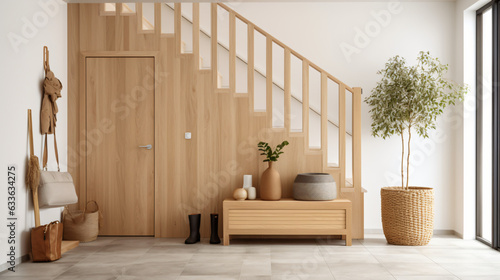 Scandinavian interior design of modern entrance hall with staircase