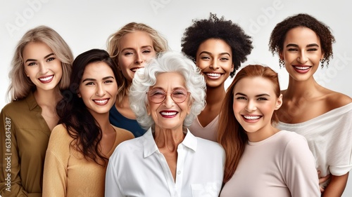 Portrait of mixed age range multi ethnic women  Cheerful women of different body types and ages standing together