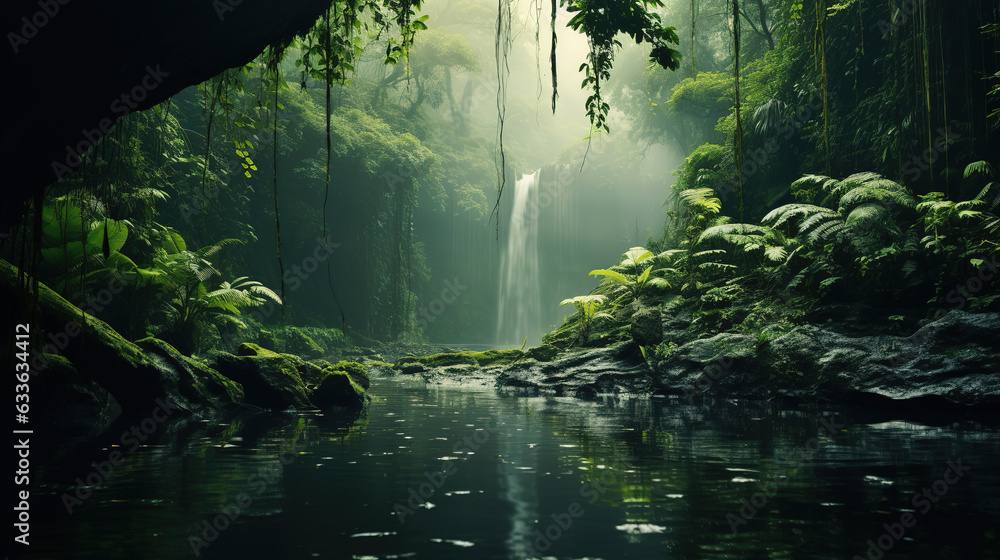 Tropical forest natural background, nature scene in green tone style, concept of relax and freedom lifestyle using for spa and travel
