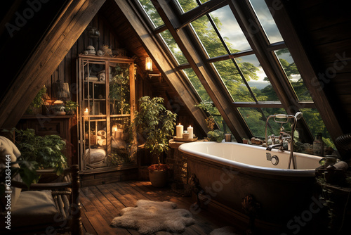 Interior of scandinavian bathroom with bathtube and big window in attic