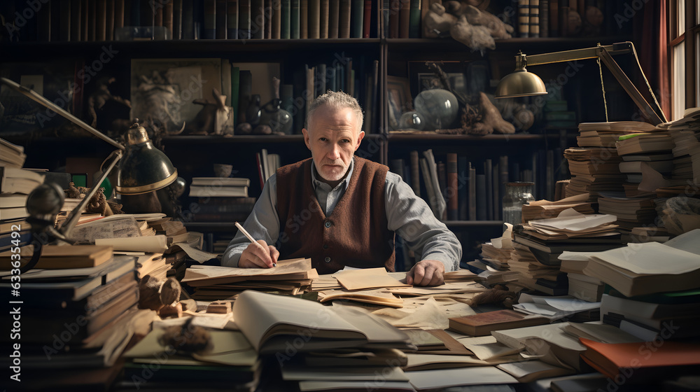 Portrait of a accomplished older author in his study surrounded by his books and manuscripts Portrait of a accomplished older author in his study surrounded by his books and manuscripts