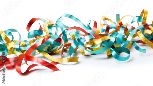 Party decoration border serpentine confetti on white background with copy space