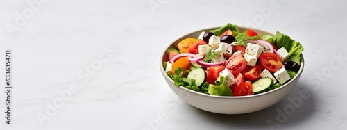 Greek salad with fresh vegetables, feta cheese and black olives on a light background Generative AI