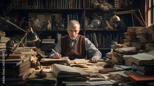 Portrait of a accomplished older author in his study surrounded by his books and manuscripts