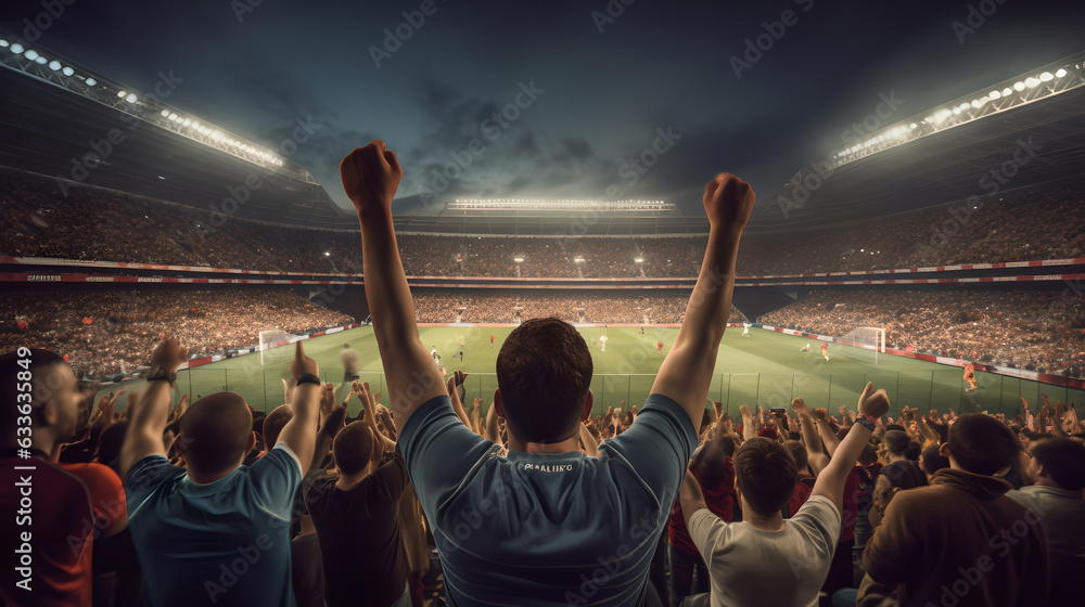 Back view of football, soccer fans cheering their team at crowded stadium at night time. Football fans celebrating a victory in stadium. Concept of sport Back view of football, soccer fans cheering their team at crowded stadium at night time. Football fans celebrating a victory in stadium. Concept of sport