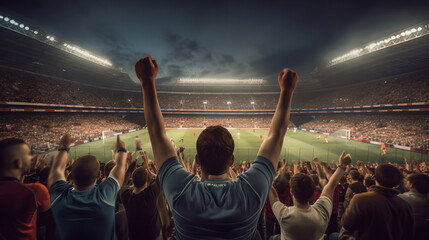 Back view of football, soccer fans cheering their team at crowded stadium at night time. Football fans celebrating a victory in stadium. Concept of sport