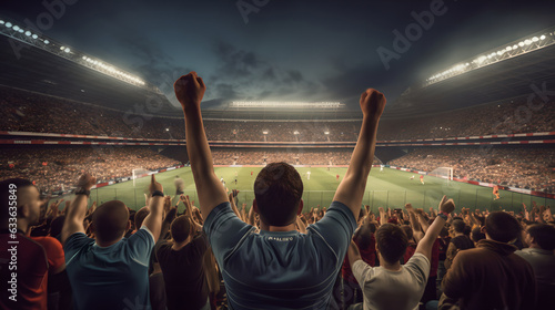 Print op canvas Back view of football, soccer fans cheering their team at crowded stadium at night time