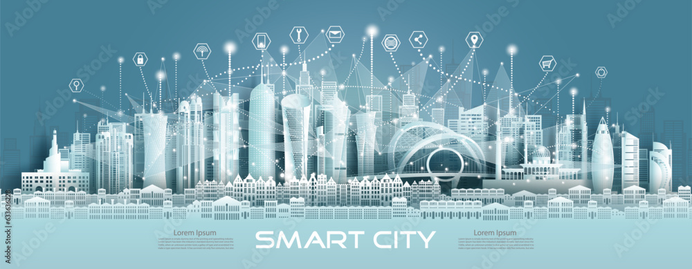 Technology wireless mesh geometric network communication icon smart city with architecture in Doha Qatar.