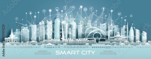 Technology wireless mesh geometric network communication icon smart city with architecture in Doha Qatar.