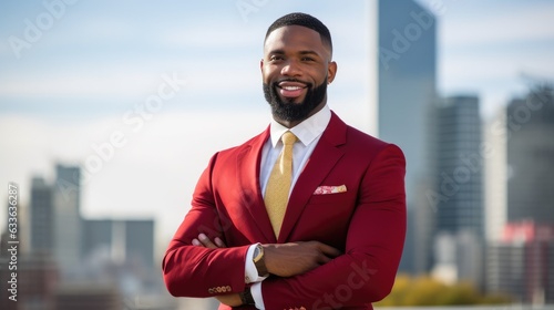 Muscular man with arms crossed, wearing a suit and tie, smiling with a red and gold color scheme, set against a cityscape background. Generative AI
