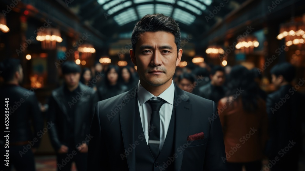 Fototapeta premium General manager of a large multinational company consisting of the most qualified men in the business world. Asian man. Suit jacket, dark background in the office.