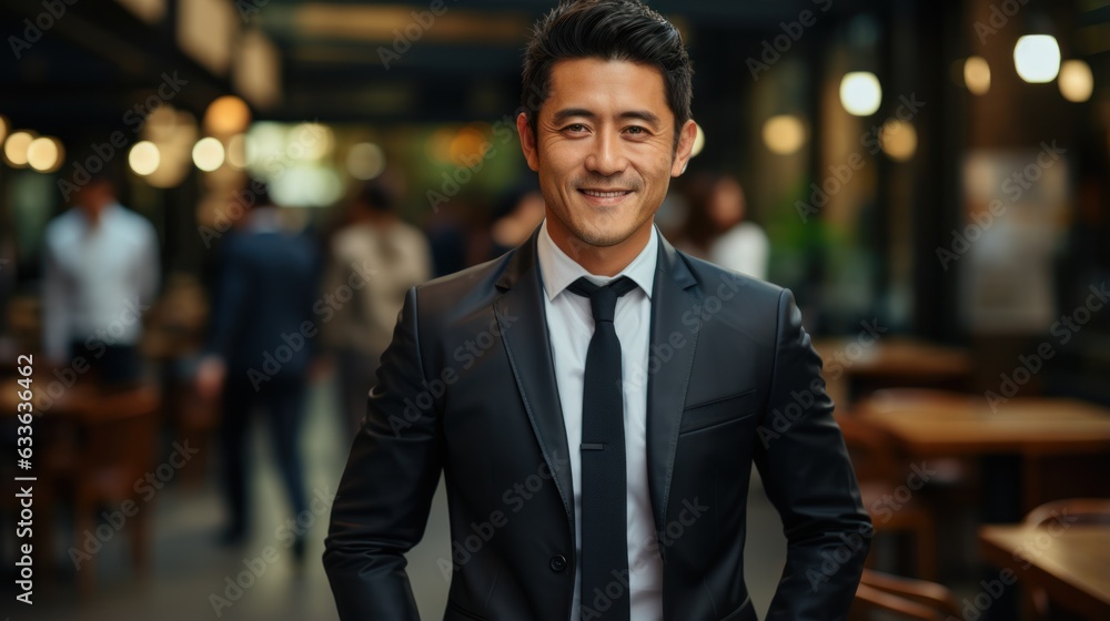 General manager of a large multinational company consisting of the most qualified men in the business world. Asian man. Suit jacket, dark background in the office.