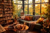 Autumn cozy mood. Fall cozy reading nook with a blanket, bookshelf filled with autumn-themed books, and a cup of tea or hot chocolate.
