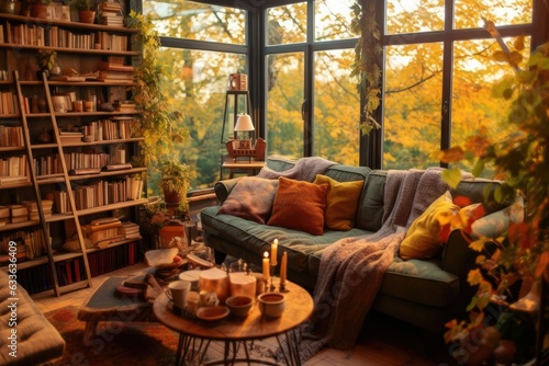 Autumn cozy mood. Fall cozy reading nook with a blanket, bookshelf filled with autumn-themed books, and a cup of tea or hot chocolate. photo