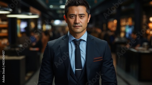 General manager of a large multinational company consisting of the most qualified men in the business world. Asian man. Suit jacket, dark background in the office. © sirisakboakaew