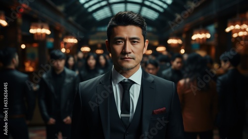 General manager of a large multinational company consisting of the most qualified men in the business world. Asian man. Suit jacket, dark background in the office.