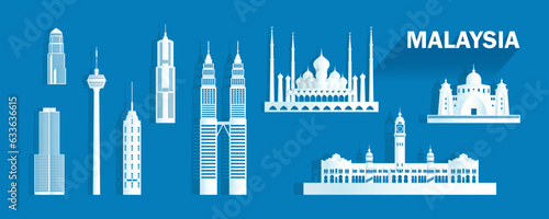 Canvas Print Travel landmarks Malaysia with isolated silhouette architecture on blue background