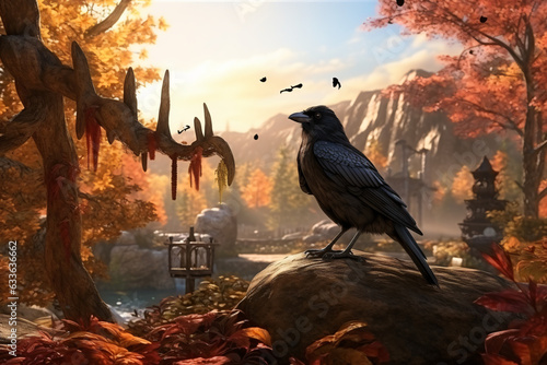 Crow with nature background style with autum © wendi