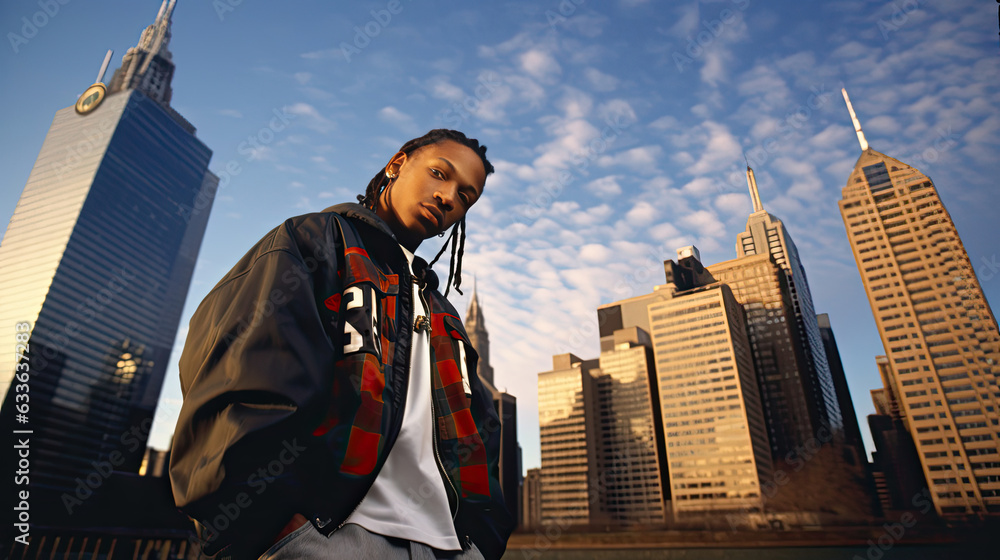 90's rapper in the city - obrazy, fototapety, plakaty 