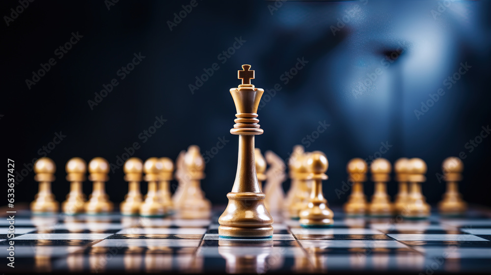 Close-up leader chess piece standing with falling silver pawn chess pieces on chessboard on dark background. Leadership and winner competition or business success teamwork strategy concept Close-up leader chess piece standing with falling silver pawn chess pieces on chessboard on dark background. Leadership and winner competition or business success teamwork strategy concept