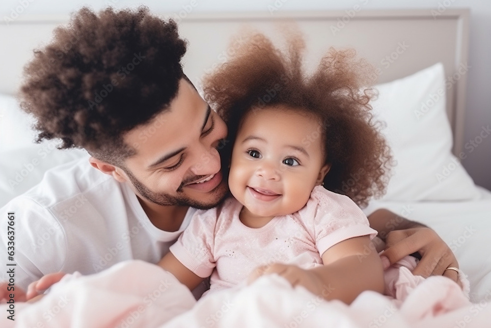 Multiracial diverse young family couple playing with cute baby child in bed holding infant kid girl. Happy multiethnic parents having fun in the morning lifting small daughter in bedroom at home Multiracial diverse young family couple playing with cute baby child in bed holding infant kid girl. Happy multiethnic parents having fun in the morning lifting small daughter in bedroom at home