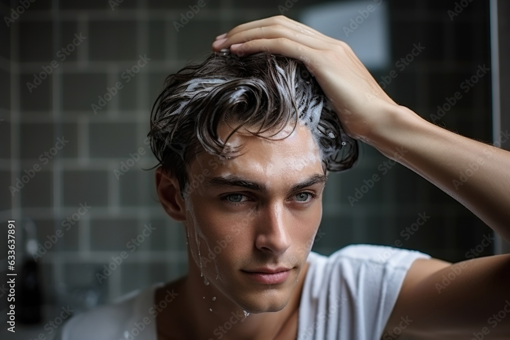 Naklejka premium Handsome young man applying shampoo on his hair, preparing for a wash