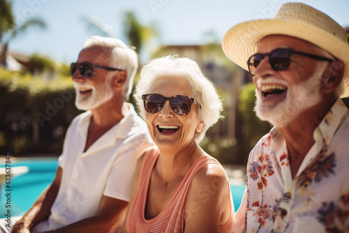 Group of senior citizens laughing happily by the poolside
