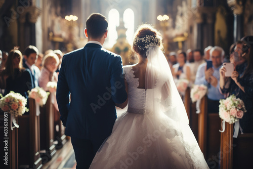 Print op canvas Wedding Couple in Love Back View walking down in Church