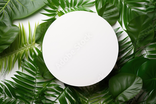 White round template podium mockup for natural organic cosmetic product presentation ad concept on green eco forest fresh leaves nature flat lay background, trendy stylish minimalist flatlay backdrop