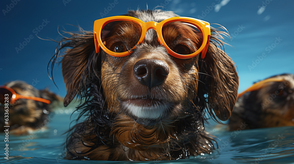 a dog with a pool ring with sunglasses on its nose, in the style of light indigo and yellow a dog with a pool ring with sunglasses on its nose, in the style of light indigo and yellow