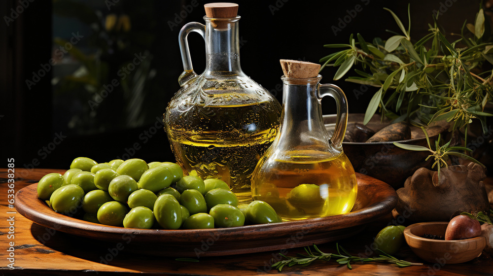 A bottle of olive oil next to a bunch of green olives. A bottle of olive oil next to a bunch of green olives.
