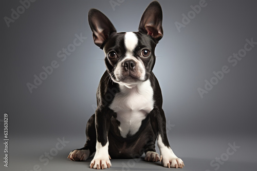 Boston terrier dog on gray background