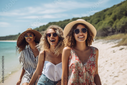 Young friends walking along a beach during summertime