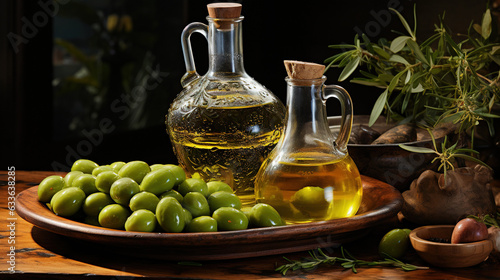 A bottle of olive oil next to a bunch of green olives.