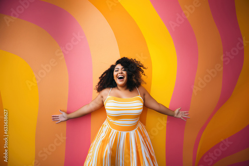 Confident body moves: Plus size woman having fun with her body in a color background