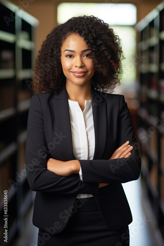 Confident smiling young professional business woman ceo corporate leader, female African American lawyer or hr manager wearing suit standing arms crossed in office, vertical portrait