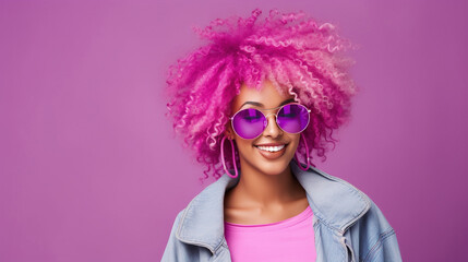 Fashion young african girl black woman wear stylish pink glasses clothes looking at camera isolated on party purple studio background