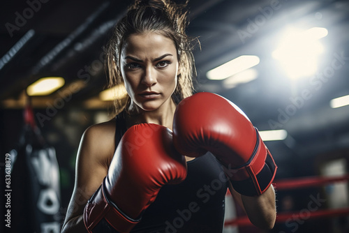 Female boxer punching focus pads in a boxing ring