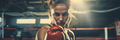 Female boxer punching focus pads in a boxing ring © AI_images