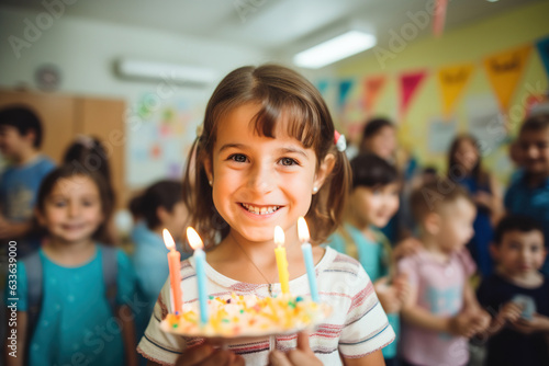 Female student blows a candle on her birthday. Party celebration in primary school