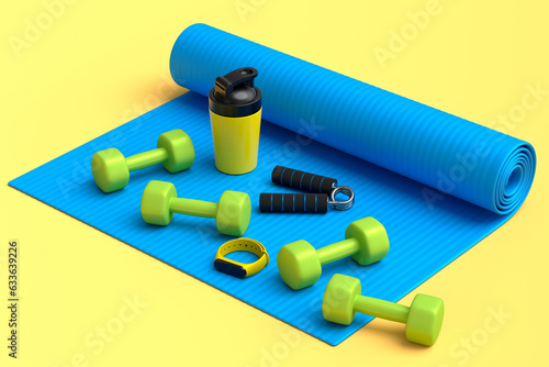 Isometric view of sport equipment like dumbbell  water bottle and yoga mat