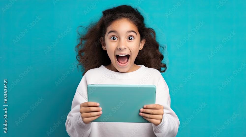 Girl surprised and happy about the offers reading on the tablet Girl surprised and happy about the offers reading on the tablet