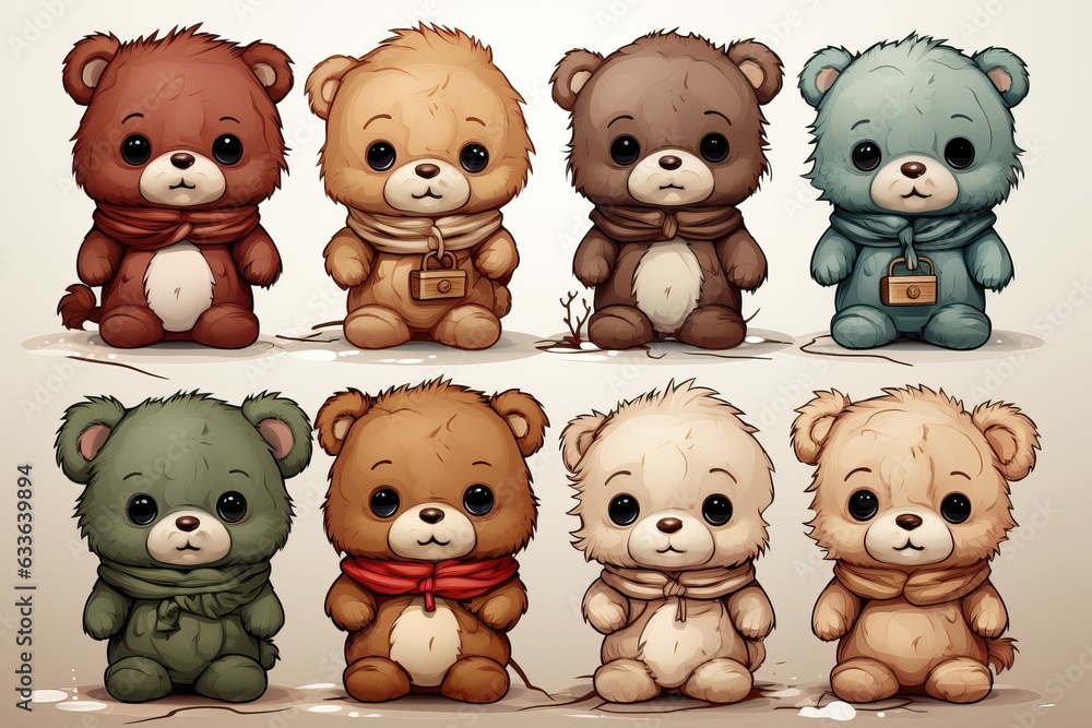 Obraz premium Ours en peluche alignés et habillé de différentes façon, dessin pour enfant, ia