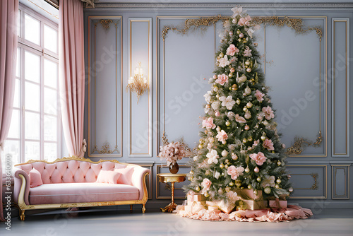 Christmas  green tree decorated with pink flowers in a classic interior photo