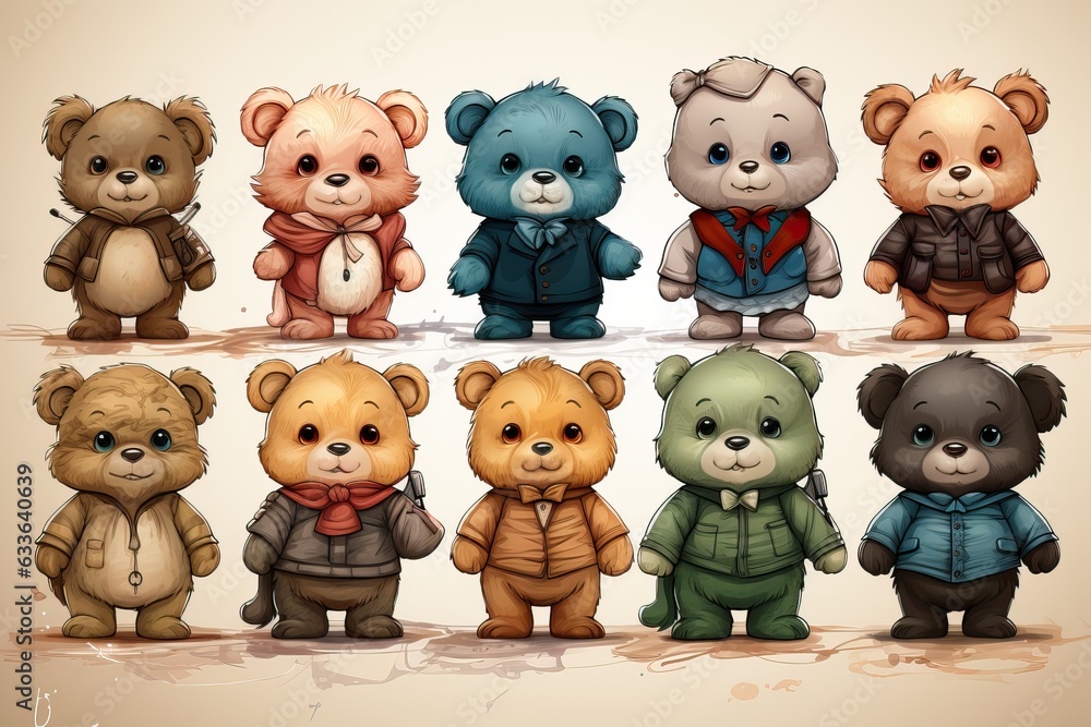 Ours en peluche alignés et habillé de différentes façon, dessin pour enfant, ia Ours en peluche alignés et habillé de différentes façon, dessin pour enfant, ia