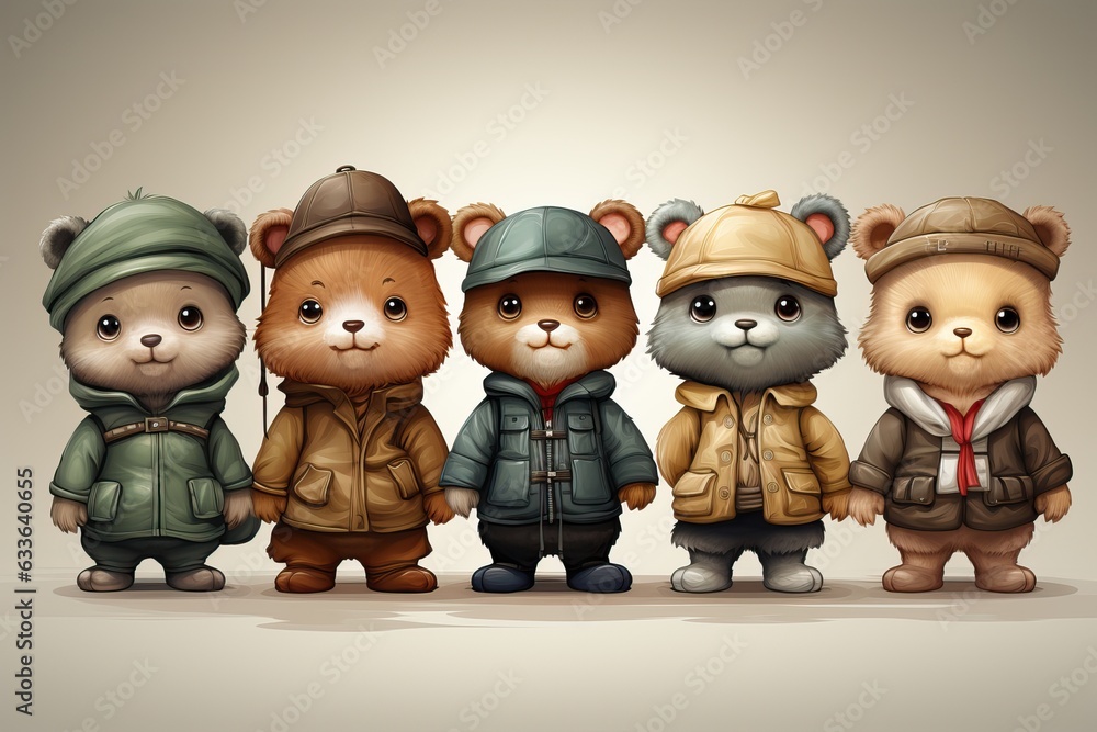 Ours en peluche alignés et habillé de différentes façon, dessin pour enfant, ia Ours en peluche alignés et habillé de différentes façon, dessin pour enfant, ia