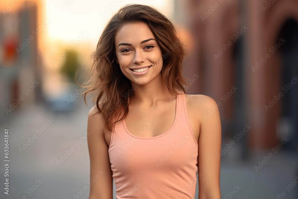High-Resolution AI Photography. Young Attractive Woman Wearing Blank Heather Light Orange Tank Top Mockup Outdoors. Professional Capture of Casual Style and Vibrant Colors High-Resolution AI Photography. Young Attractive Woman Wearing Blank Heather Light Orange Tank Top Mockup Outdoors. Professional Capture of Casual Style and Vibrant Colors