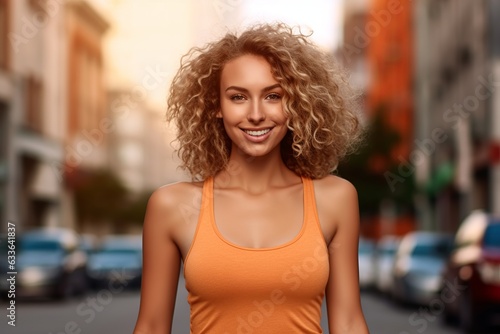 High-Resolution AI Photography. Young Attractive Woman Wearing Blank Heather Light Orange Tank Top Mockup Outdoors. Professional Capture of Casual Style and Vibrant Colors © imagemir
