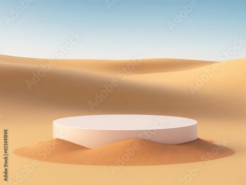 Podium on sand background. Natural desert display scene. Background for cosmetic perfume fashion natural product. Created with AI
