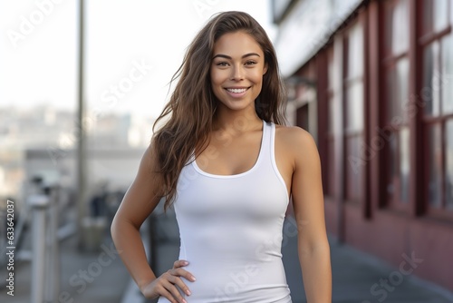 High-Resolution AI Photography. Young Attractive Woman Wearing Blank Heather Light White Tank Top Mockup Outdoors. Professional Capture of Casual Style and Vibrant Colors. Free Download High-Resolution AI Photography. Young Attractive Woman Wearing Blank Heather Light White Tank Top Mockup Outdoors. Professional Capture of Casual Style and Vibrant Colors. - GFXLoad